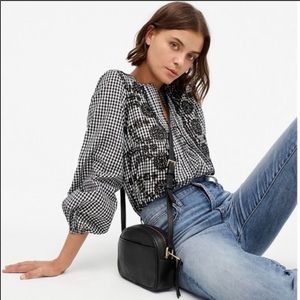J. Crew Embroidered Gingham Popover Top